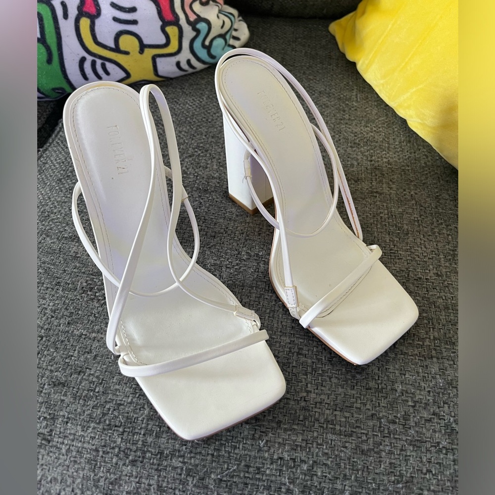 Forever 21 white strappy block heels